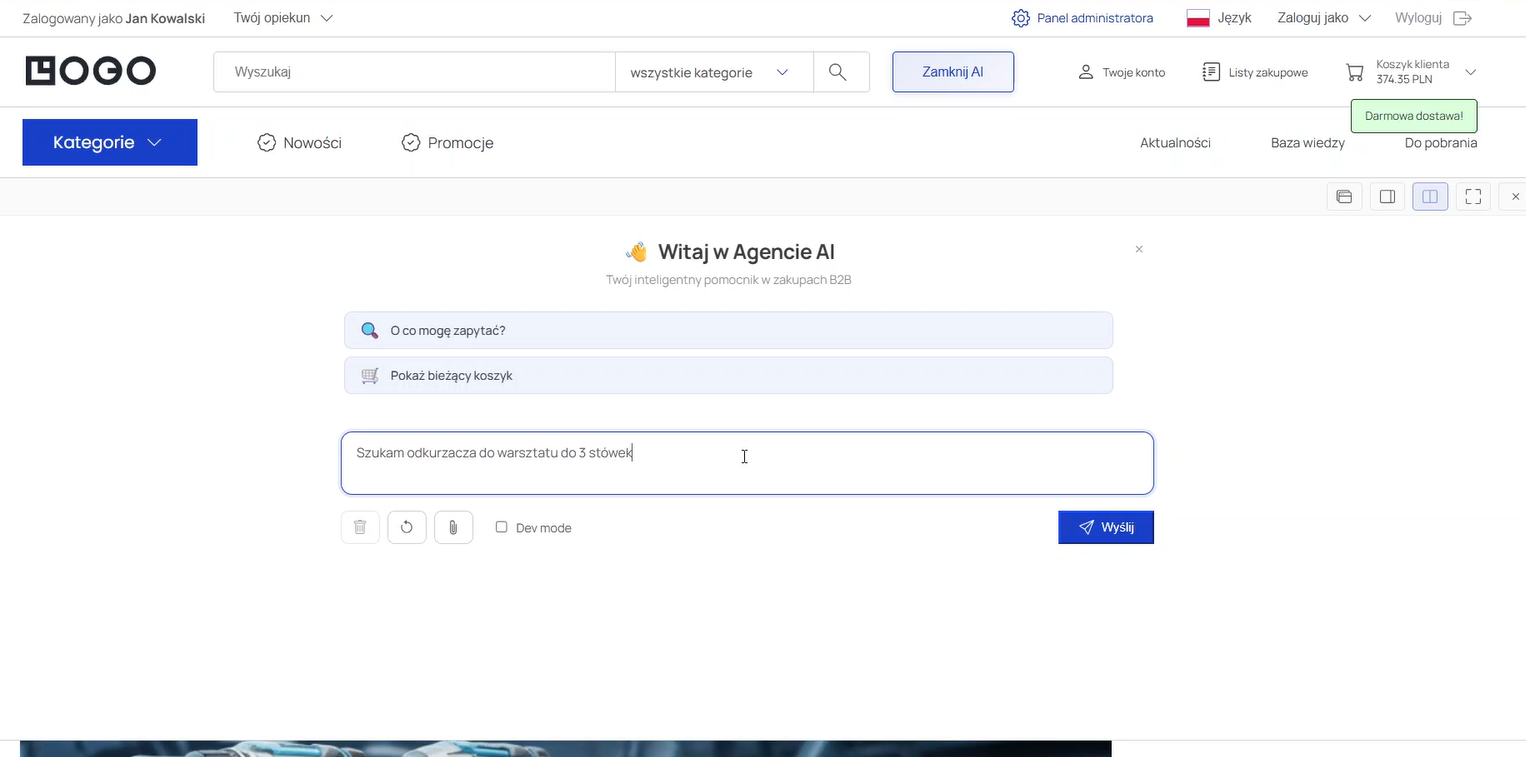 Agent AI WiseB2B – widok interfejsu