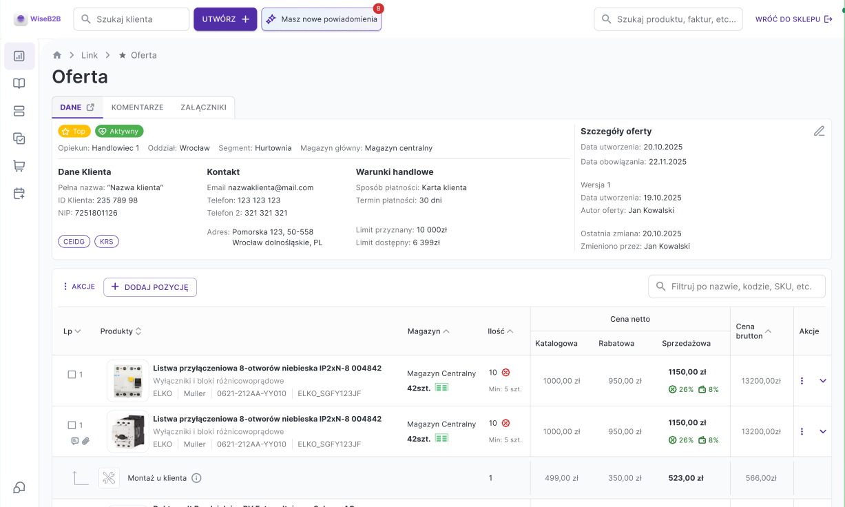Panel Handlowca – widok oferty ze szczegółami klienta